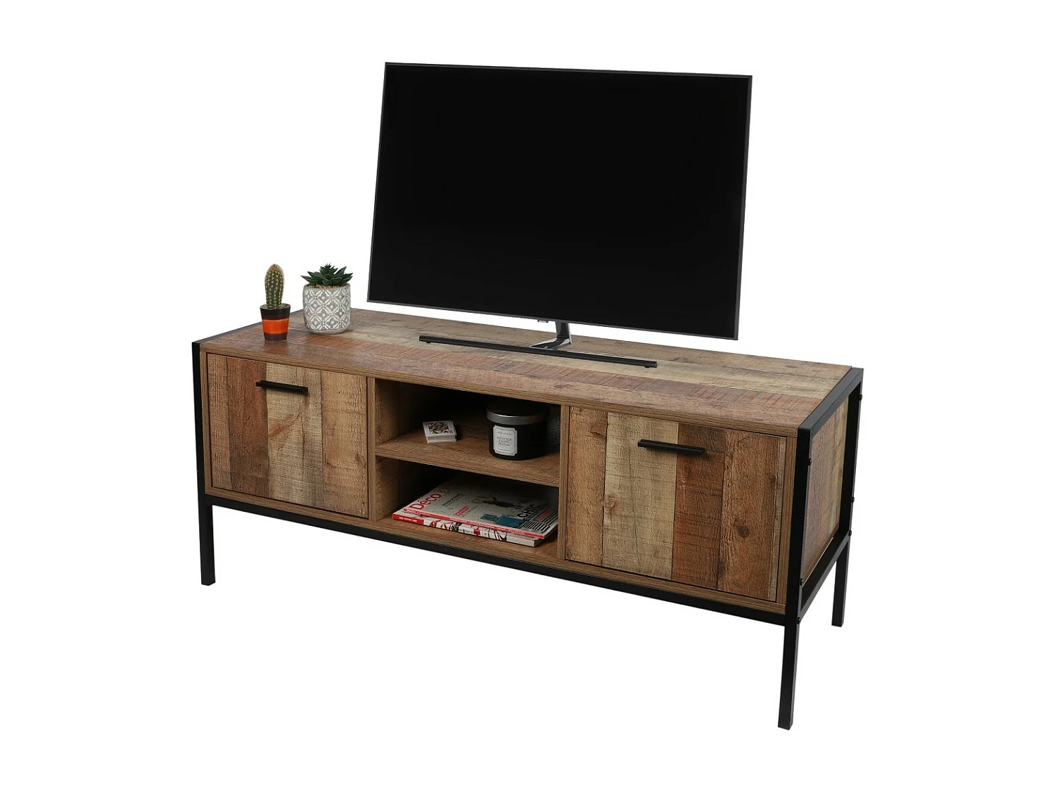 Tv-meubel in rustieke stijl - Donkereikenkleur, 2 deuren en 2 vakken, 124x40xH49 cm - Collectie OAKLANDER