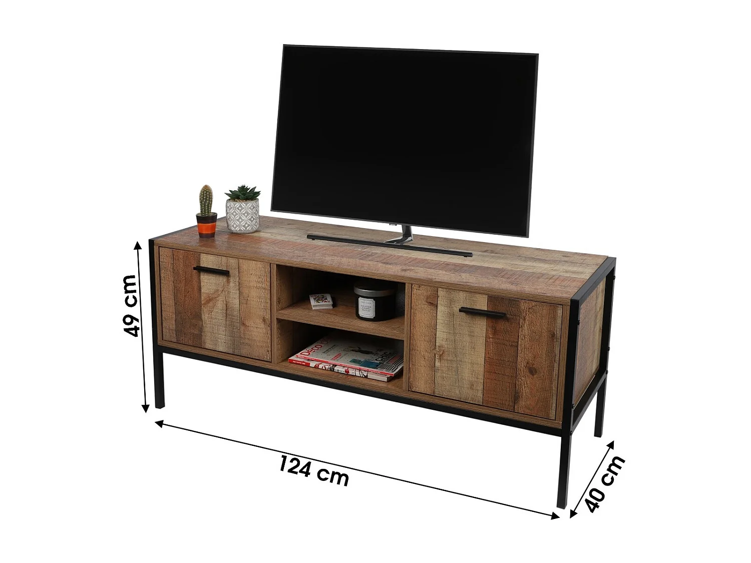 Tv-meubel in rustieke stijl - Donkereikenkleur, 2 deuren en 2 vakken, 124x40xH49 cm - Collectie OAKLANDER