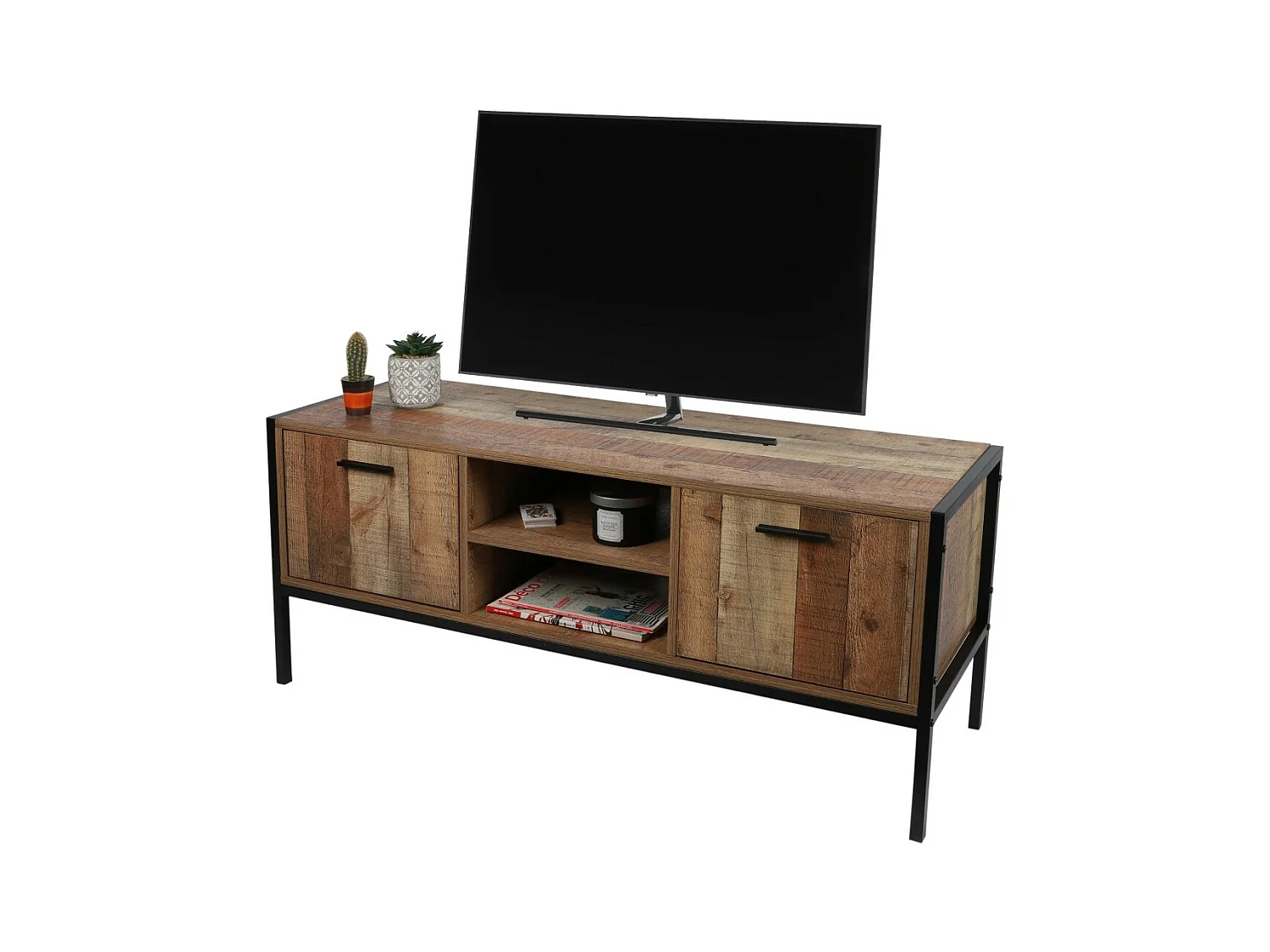 Meuble TV style rustique – Coloris chêne foncé, 2 portes et 2 niches, 124x40xH49 cm – Collection OAKLANDER