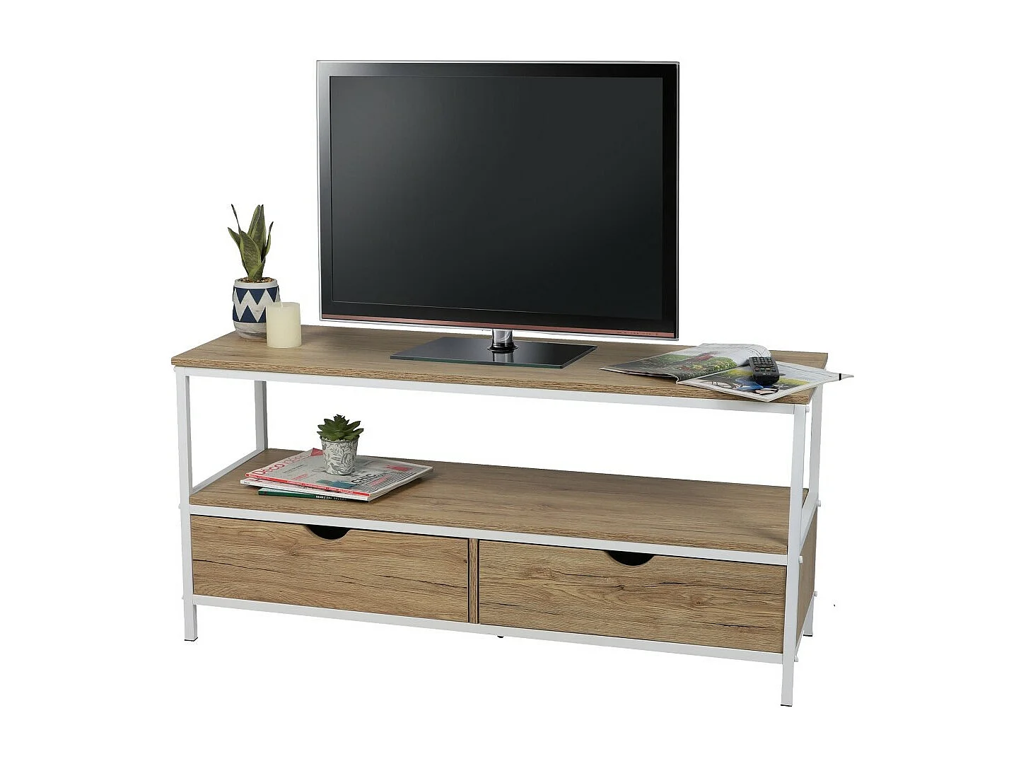 Móvel para TV estilo clássico com 2 gavetas na cor carvalho claro & branco - dimensões 120x39xH57cm