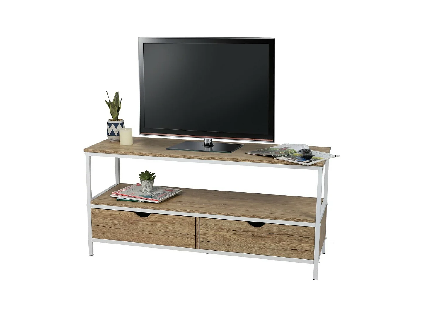 Meuble TV style classique avec 2 tiroirs collection PUEBLO – Coloris chêne clair & blanc, dimensions 120x39x57 cm