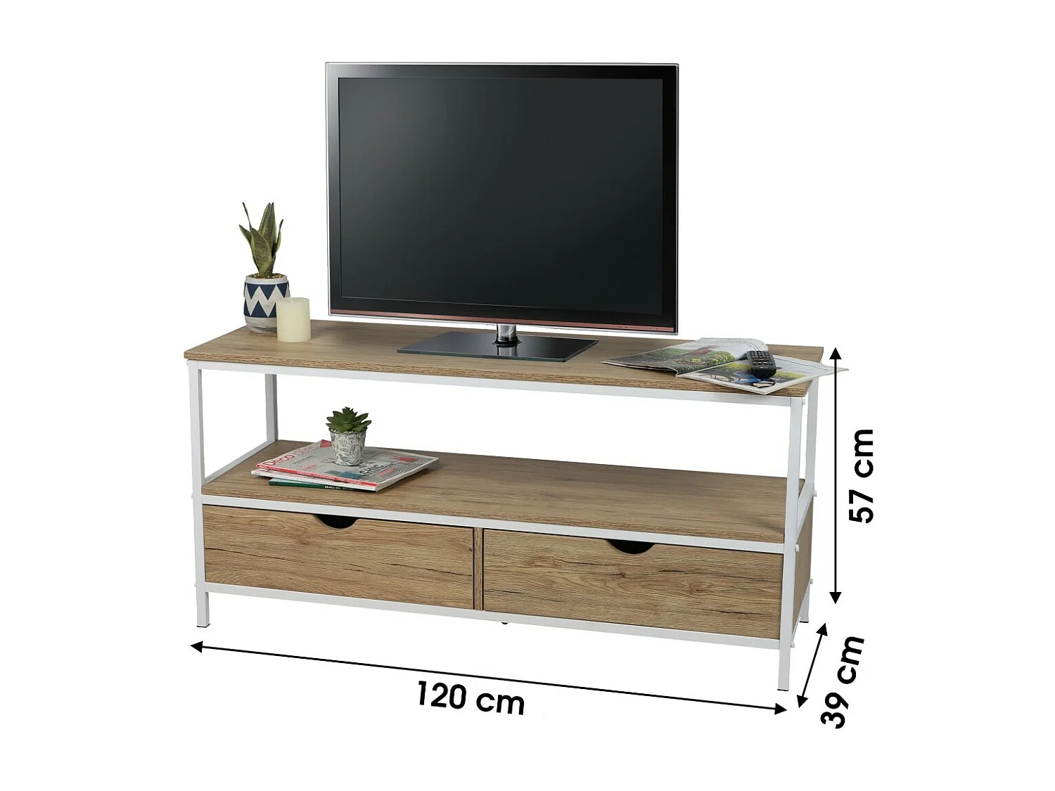 Meuble TV style classique avec 2 tiroirs collection PUEBLO – Coloris chêne clair & blanc, dimensions 120x39x57 cm