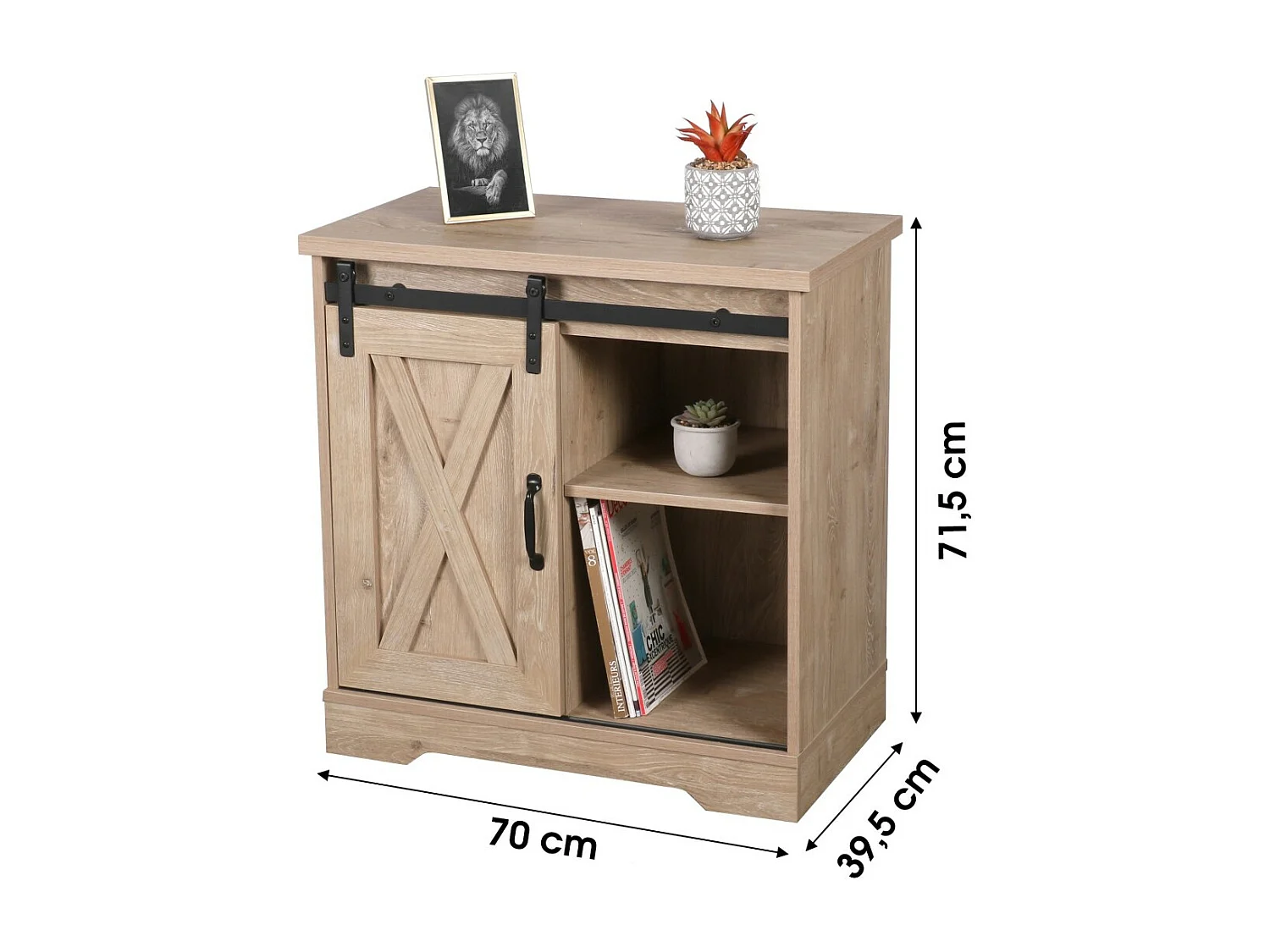 Commode style rustique collection WAYNE - 1 porte coulissante et 1 étagère, coloris chêne clair, dimensions 70x40x72 cm