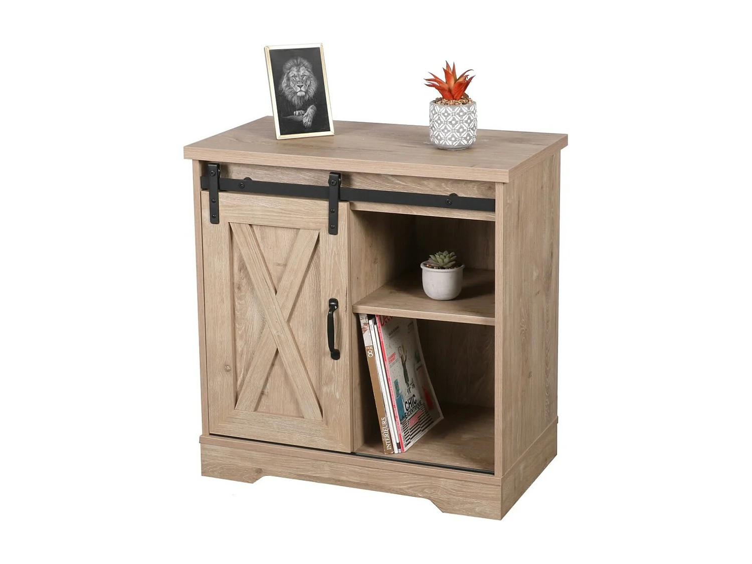 Commode style rustique collection WAYNE - 1 porte coulissante et 1 étagère, coloris chêne clair, dimensions 70x40x72 cm