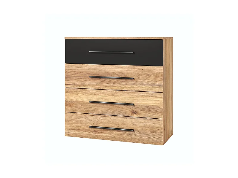 Modernes Design mit 4 großen Schubladen. Kollektion EOS in hellem Eichenfarbton und Schwarz.