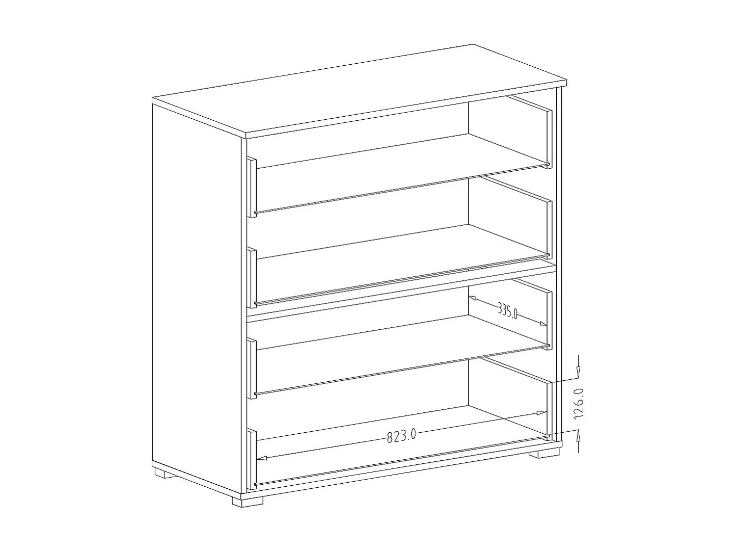 Design dressoir met 4 grote laden. Collectie EOS in lichte eiken en zwarte kleur.