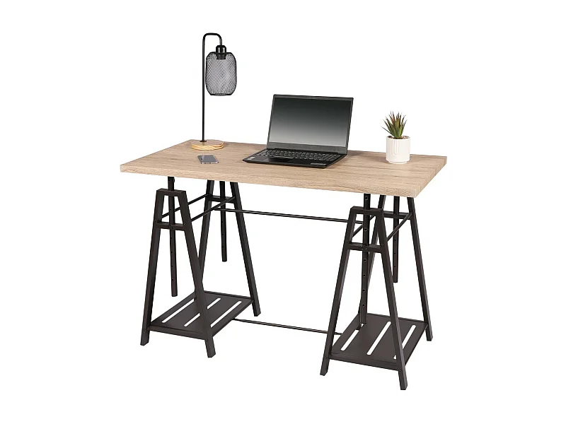 Architektendesign-Schreibtisch aus der DARYL-Kollektion – Maße 120x59x75 cm, in hellem Eichenfarbton und mit schwarzen Metallbeinen.