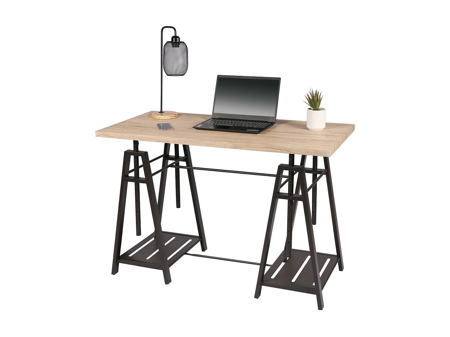 Bureau design architecte collection DARYL – Dimensions 120x59x75 cm, coloris chêne clair et pieds en métal noir