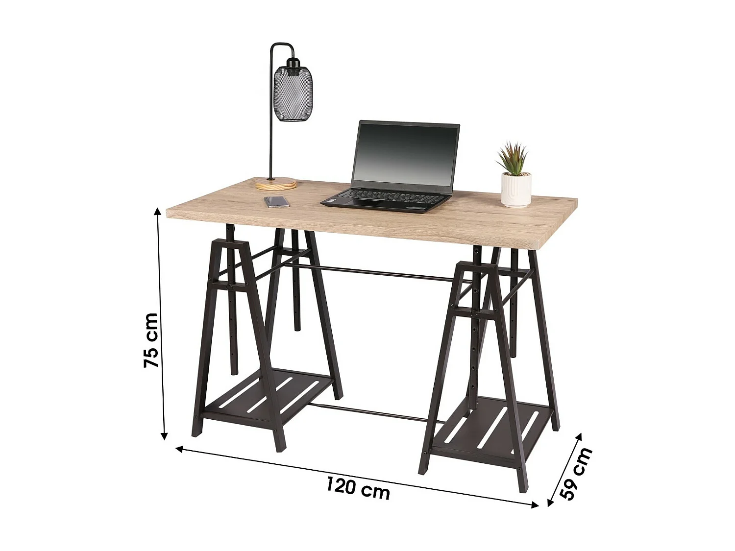 Bureau design architecte collection DARYL – Dimensions 120x59x75 cm, coloris chêne clair et pieds en métal noir