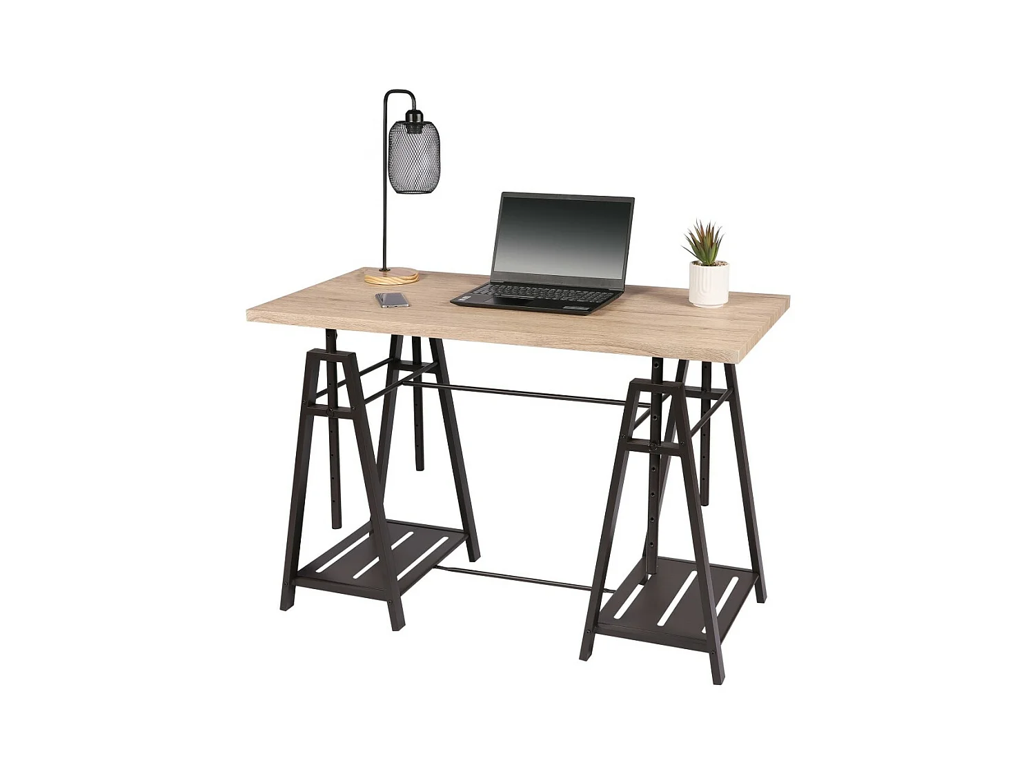 Bureau design architecte collection DARYL – Dimensions 120x59x75 cm, coloris chêne clair et pieds en métal noir