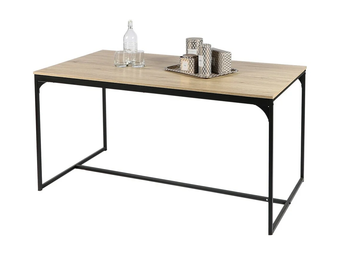Eettafel in industriële stijl, collectie RANONG. Licht eikenkleur met zwart metalen poten, afmetingen 150x80xH75cm.