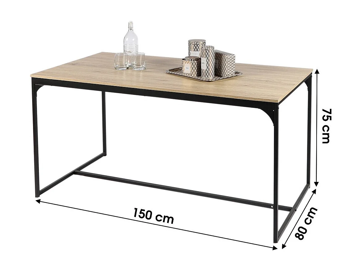 Eettafel in industriële stijl, collectie RANONG. Licht eikenkleur met zwart metalen poten, afmetingen 150x80xH75cm.