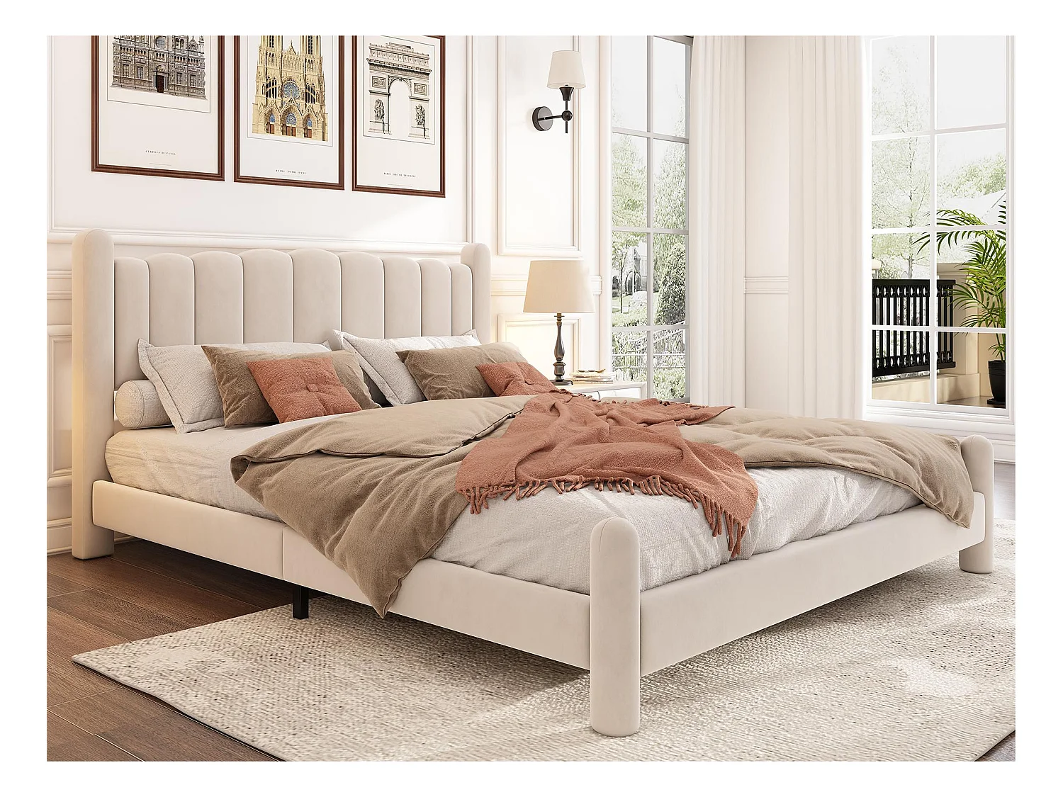 Lit adulte rembourré en velours - 180x200 cm - avec sommier à lattes - Beige