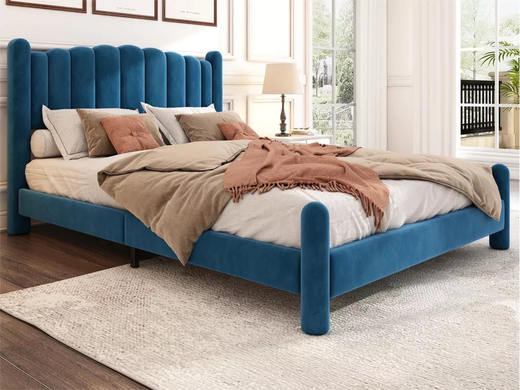 Kauf Unique Samtgepolstertes Erwachsenenbett – 180 x 200 cm – mit Lattenrost – Blau