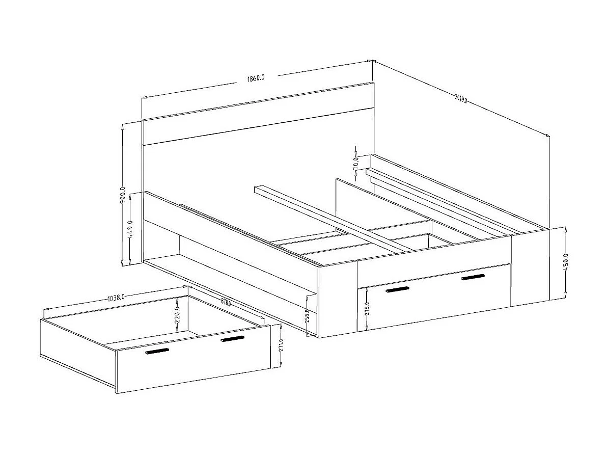 Volwassen bed 180x200 met ingebouwde laden en lattenbodem. Collectie EOS. Kleur licht eiken en zwart.