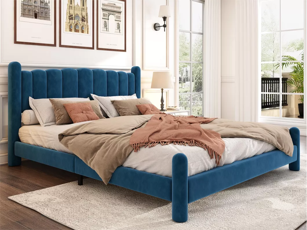 Kauf Unique Samtgepolstertes Erwachsenenbett – 160 x 200 cm – mit Lattenrost – Blau