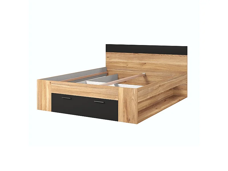 Volwassen bed 180x200 met geïntegreerde lades - EOS collectie. Kleur licht eiken en zwart.