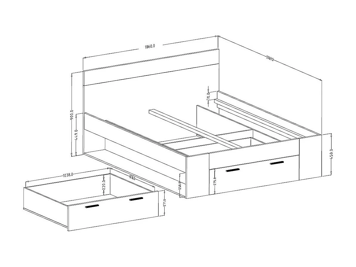 Volwassen bed 180x200 met geïntegreerde lades - EOS collectie. Kleur licht eiken en zwart.