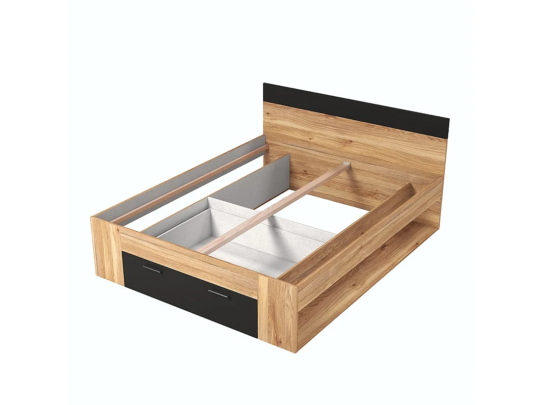 Tweepersoonsbed 160x200 met ingebouwde lades - EOS collectie. Kleur licht eiken en zwart.