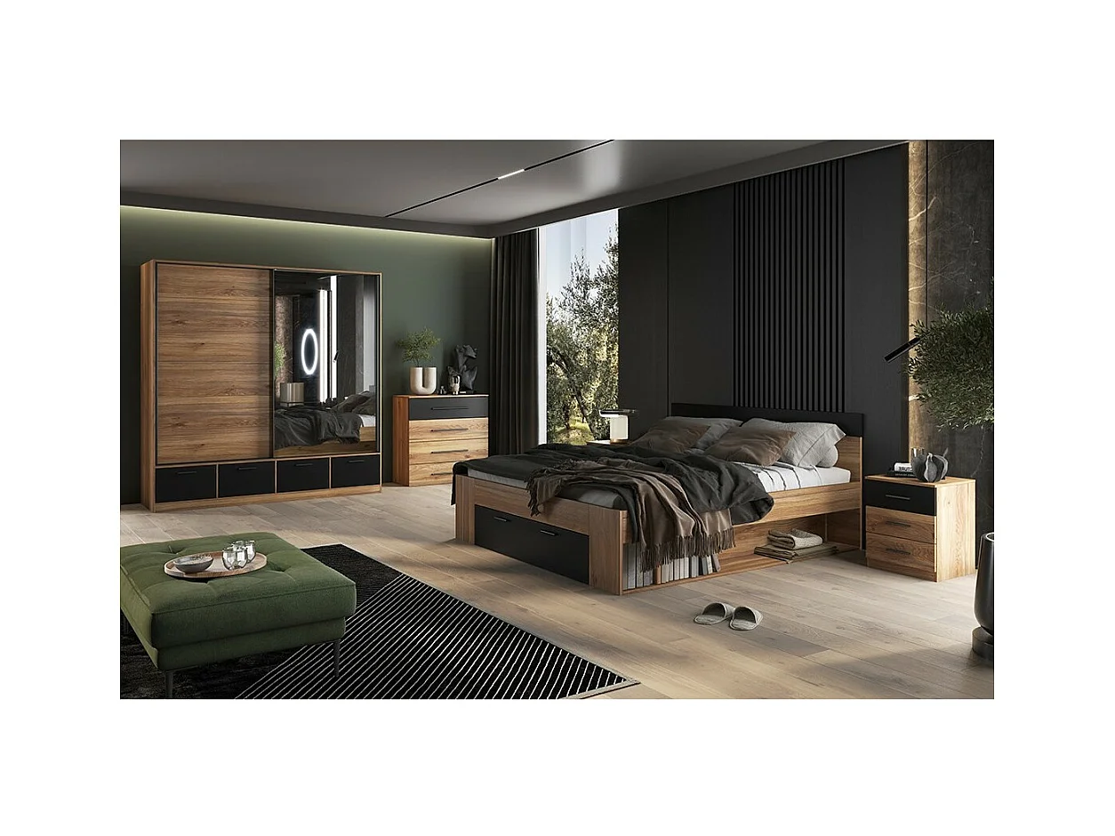Lit adulte 160x200 avec tiroirs intégrés - Collection EOS. Coloris chêne clair et noir.