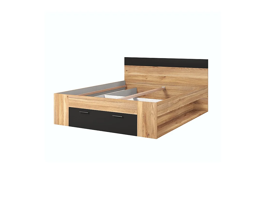 Lit adulte 160x200 avec tiroirs intégrés, sommier inclus, collection EOS, chêne clair et noir