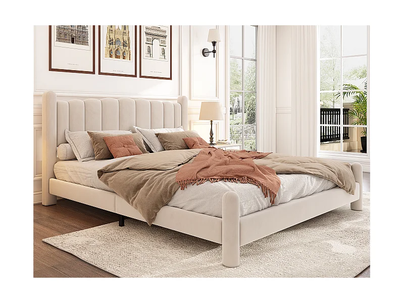 Lit adulte rembourré en velours - 160x200 cm - avec sommier à lattes - Beige