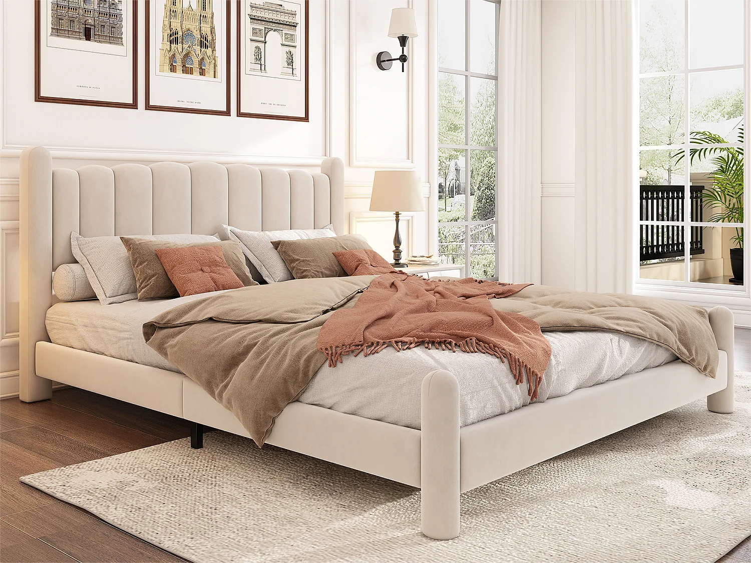 Cama para adultos acolchada de terciopelo - 160x200 cm - con somier - Beige