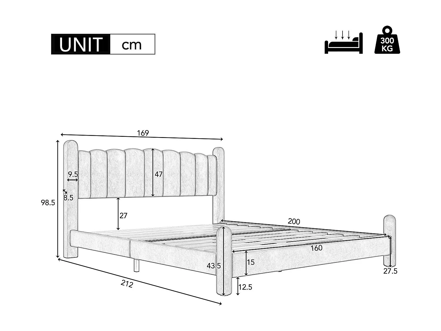 Cama para adultos acolchada de terciopelo - 160x200 cm - con somier - Beige