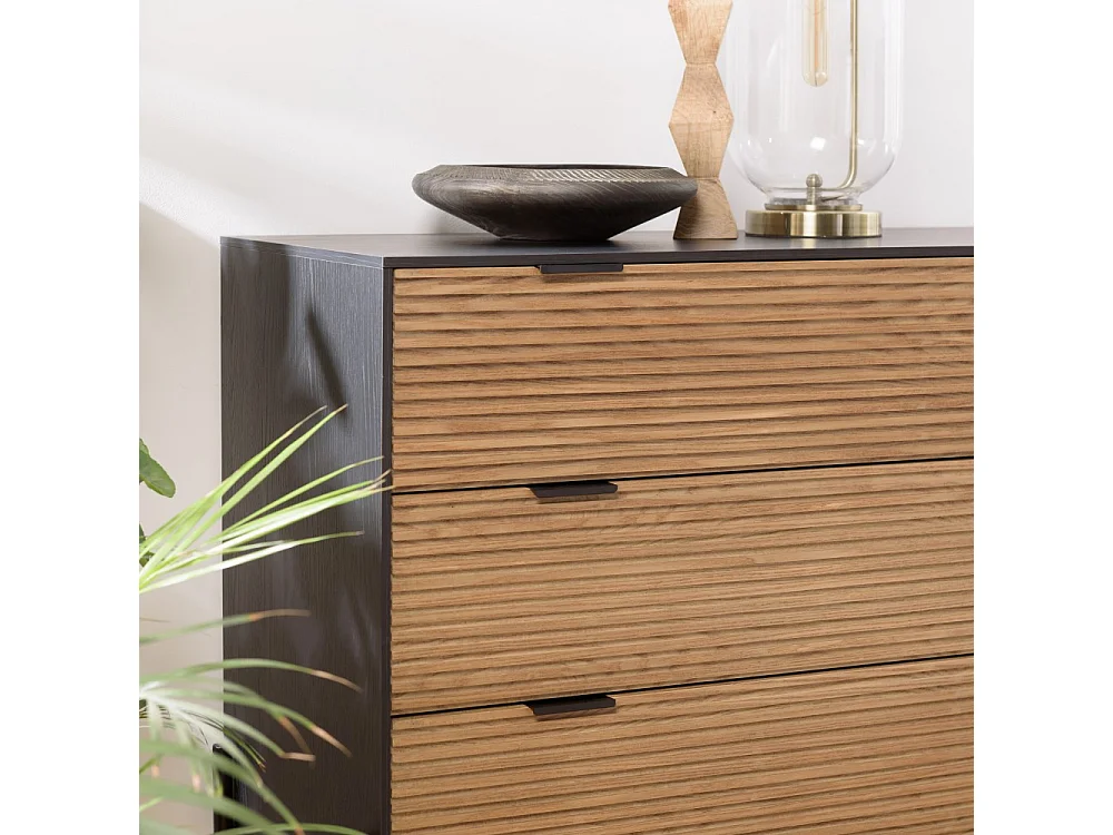 CHARLIE - Commode bois marron et noire 3 tiroirs pin pieds métal