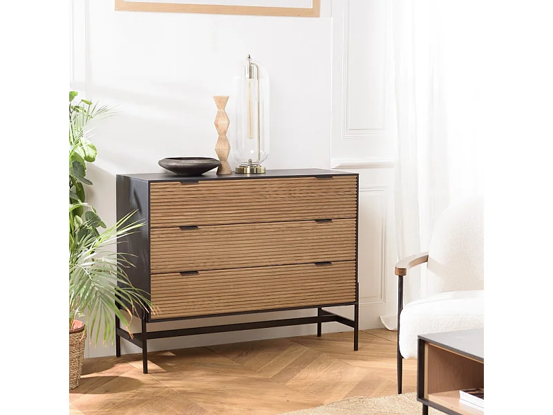 CHARLIE - Commode bois marron et noire 3 tiroirs pin pieds métal