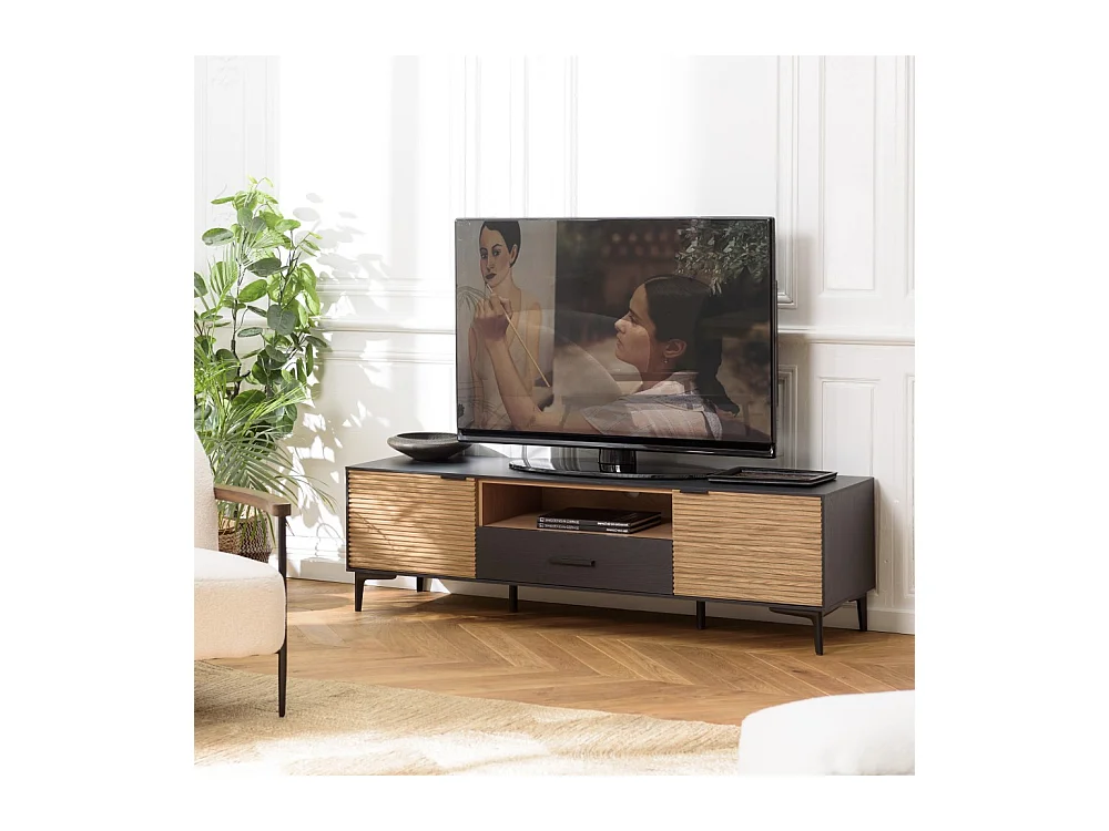 CHARLIE - Meuble TV marron, noir 2 p. 1 tiroir 1 niche Pin pieds métal