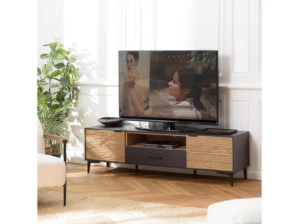 CHARLIE - Meuble TV bois 2 p. 1 tiroir 1 niche Pin marron, noir