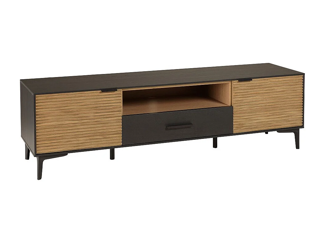 CHARLIE - Meuble TV bois 2 p. 1 tiroir 1 niche Pin marron, noir