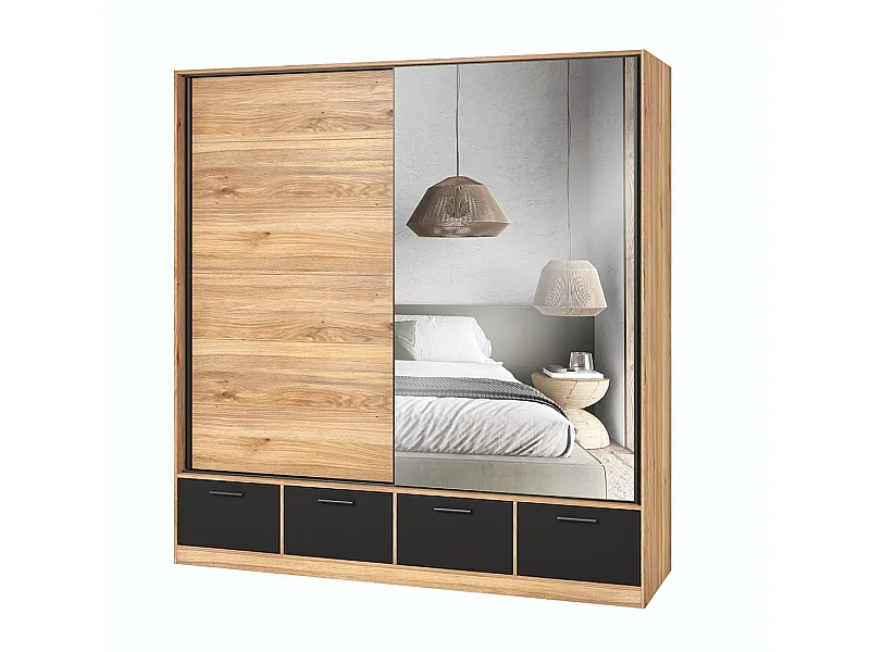 Armario de 200cm con 2 puertas correderas con espejos y 4 cajones color roble y negro. Colección EOS.