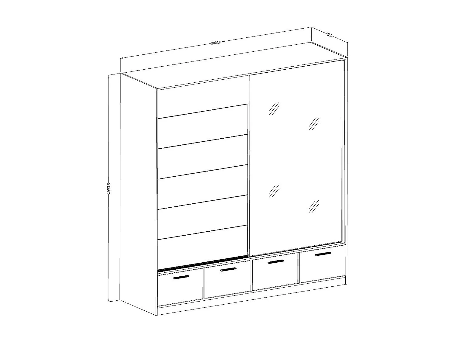 Armoire 200cm avec 2 portes coulissantes avec miroirs et 4 tiroirs couleur chêne et noir. Collection EOS
