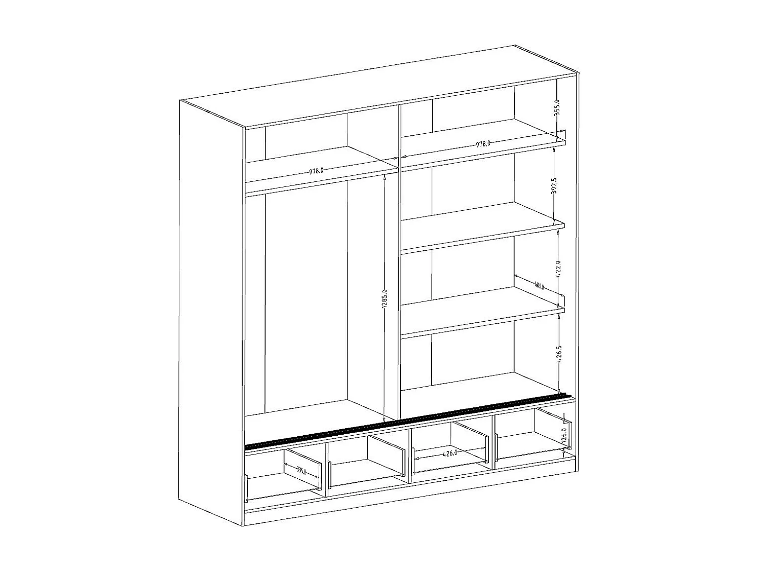 Armoire 200cm avec 2 portes coulissantes avec miroirs et 4 tiroirs couleur chêne et noir. Collection EOS