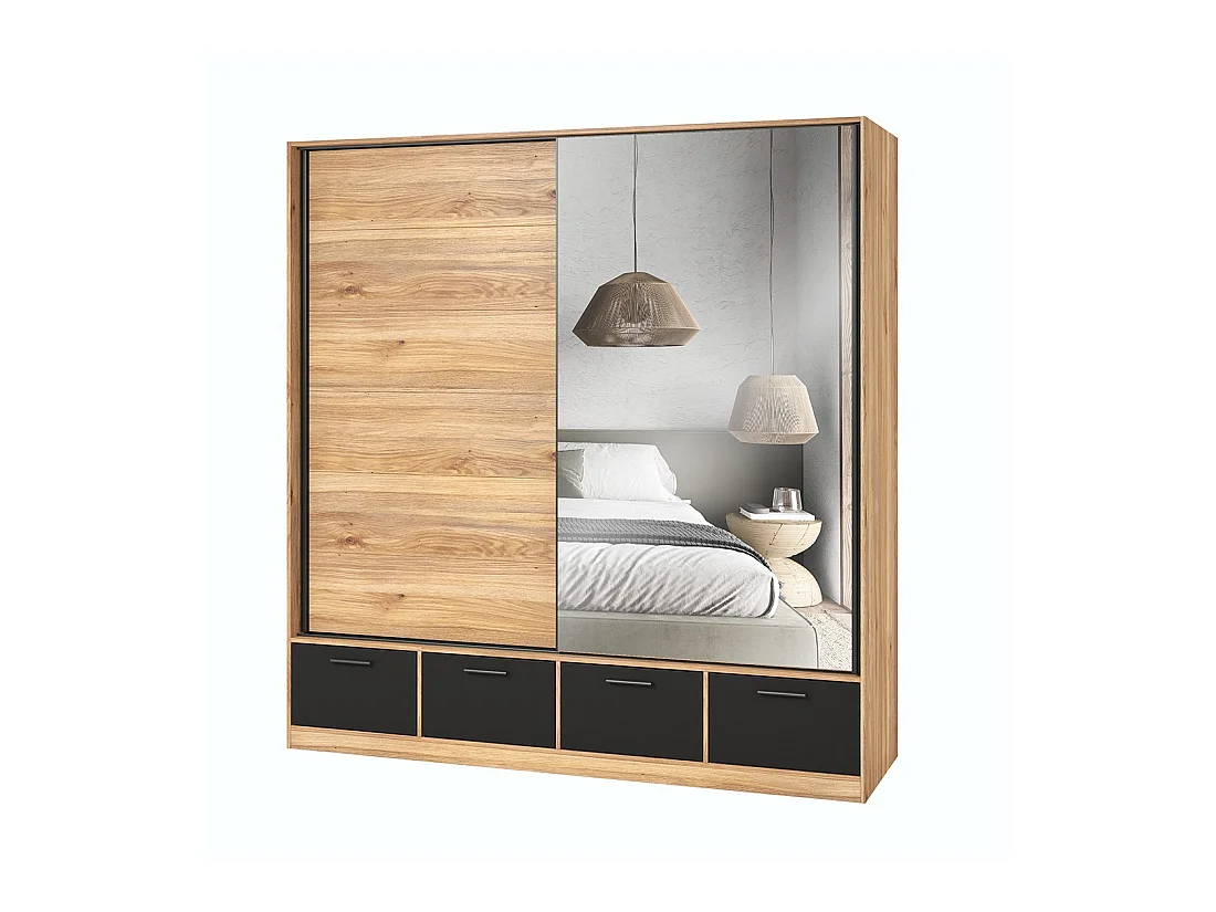 Armoire 200cm avec 2 portes coulissantes avec miroirs et 4 tiroirs couleur chêne et noir. Collection EOS