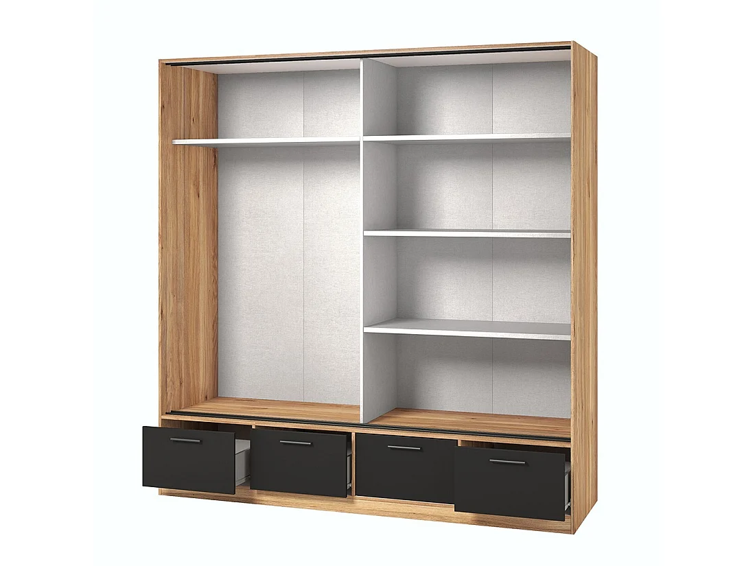 Armoire 200cm avec 2 portes coulissantes avec miroirs et 4 tiroirs couleur chêne et noir. Collection EOS