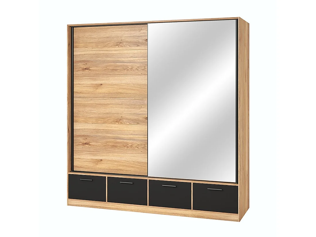 Armoire 200cm avec 2 portes coulissantes avec miroirs et 4 tiroirs couleur chêne et noir. Collection EOS