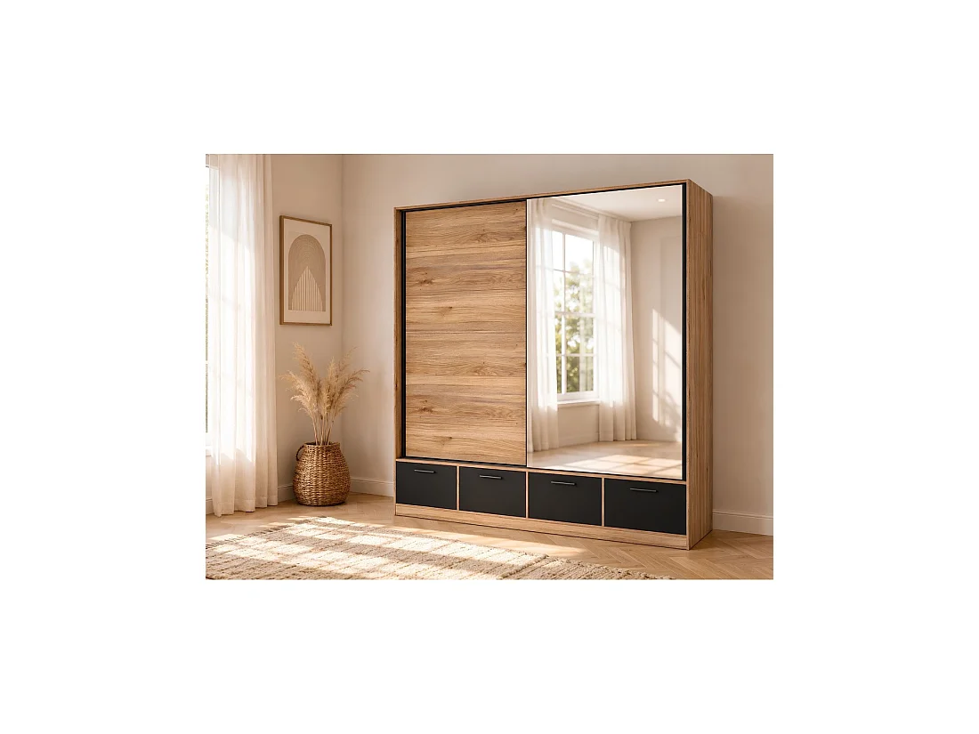 Armoire 200cm avec 2 portes coulissantes avec miroirs et 4 tiroirs couleur chêne et noir. Collection EOS