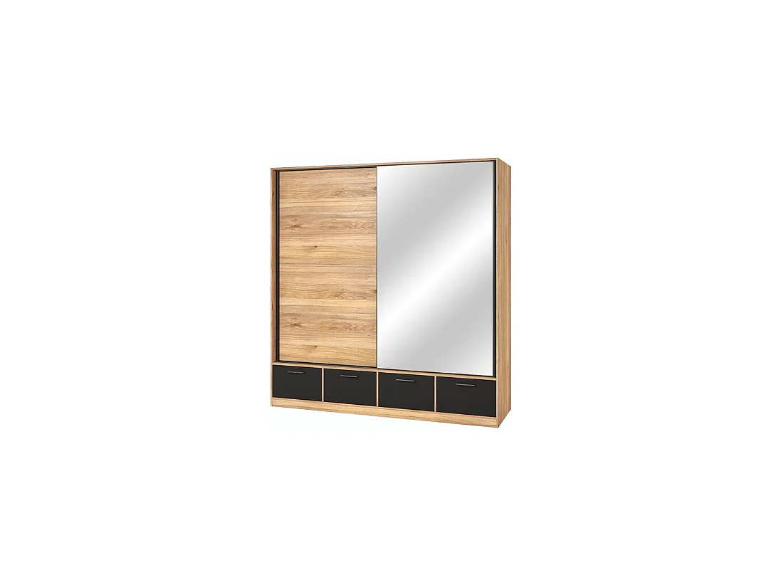 Armoire 200cm avec 2 portes coulissantes avec miroirs et 4 tiroirs couleur chêne et noir. Collection EOS