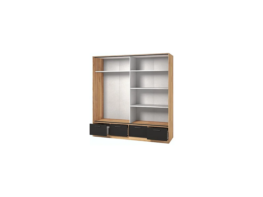 Armoire 200cm avec 2 portes coulissantes avec miroirs et 4 tiroirs couleur chêne et noir. Collection EOS