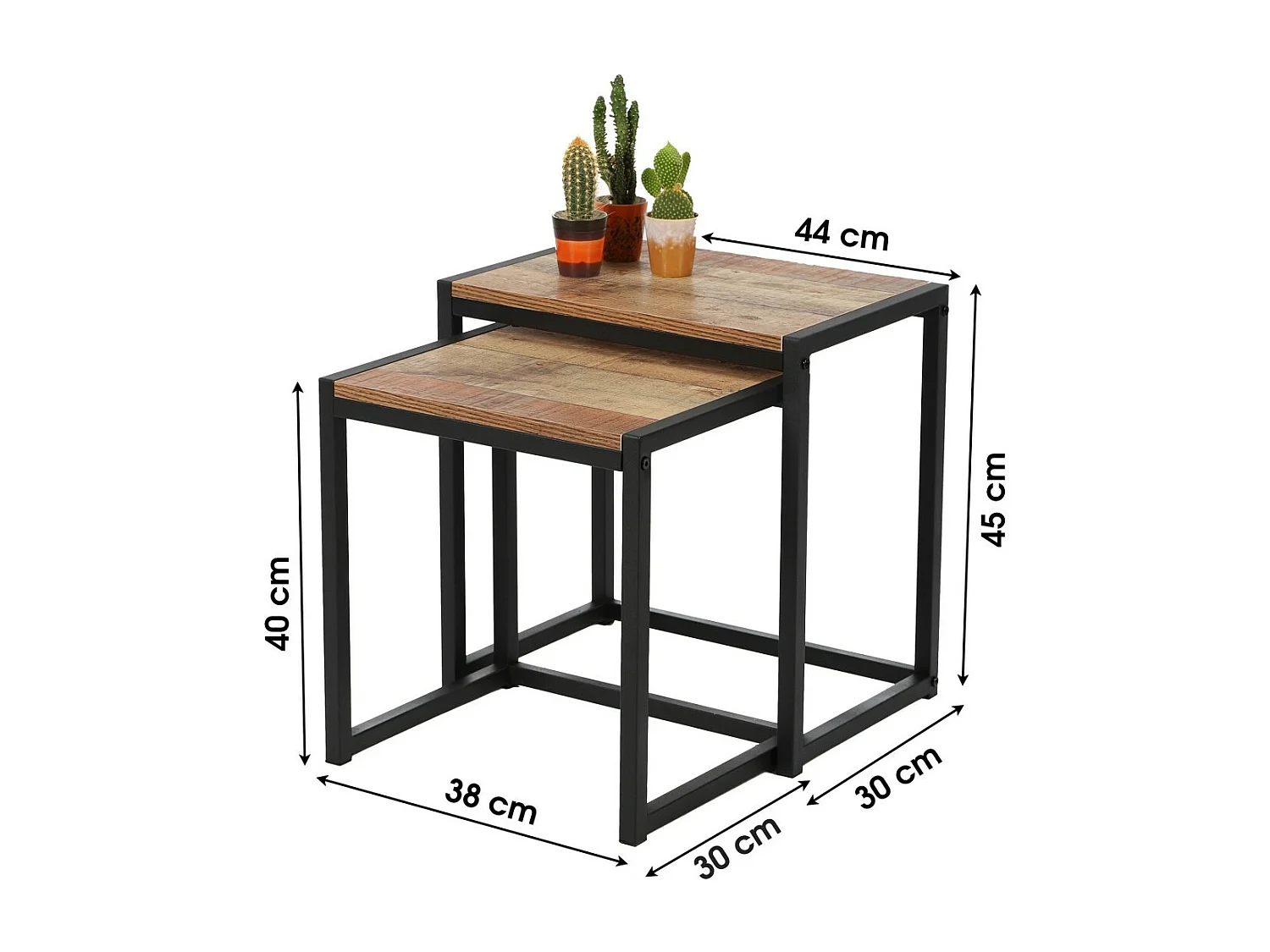 Set aus zwei quadratischen, ineinander passenden Beistelltischen – Rustikaler Stil, 30x38xH40 cm und 30x44xH45 cm – Kollektion OAKLANDER
