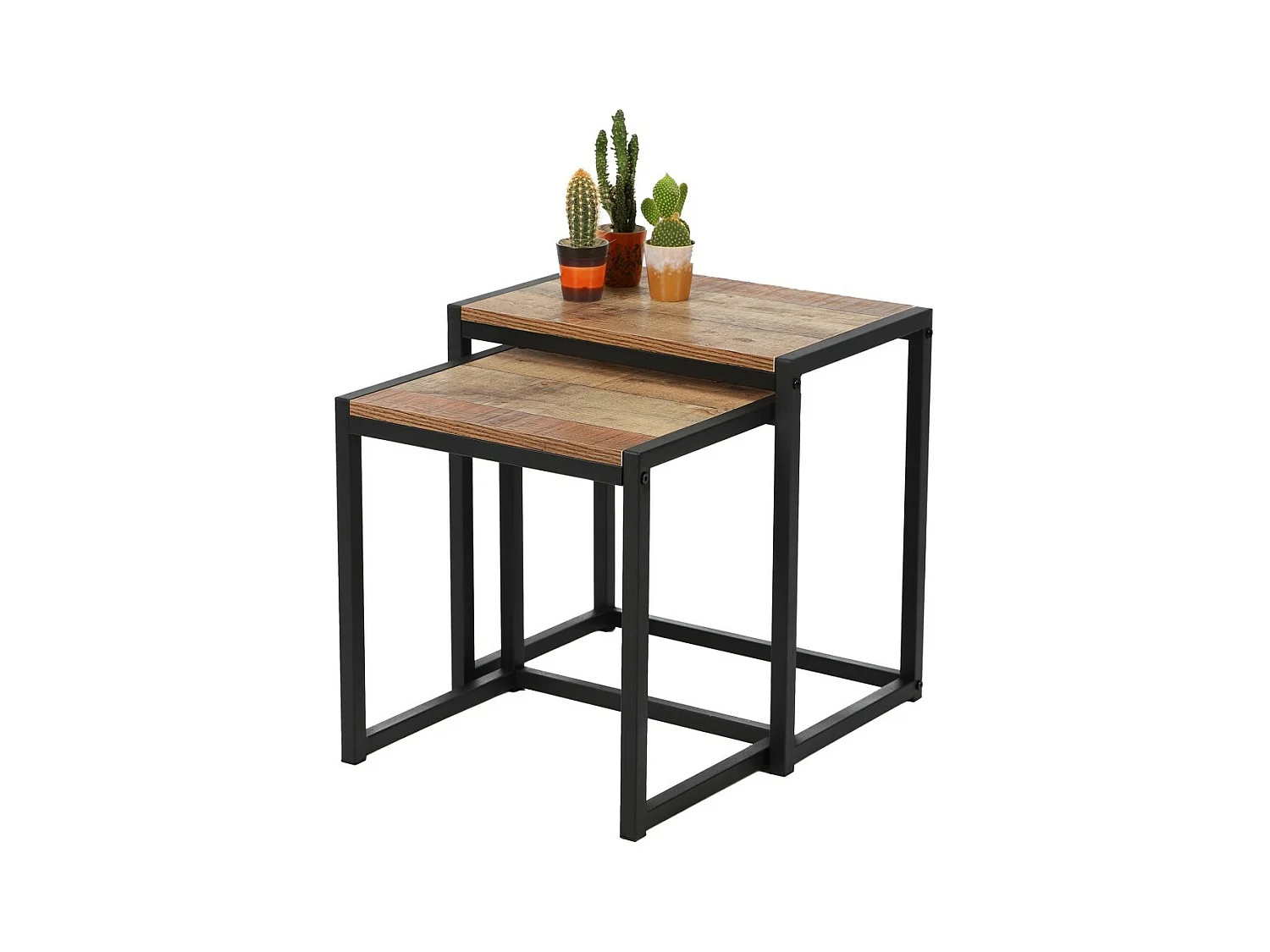 Conjunto de dos mesas auxiliares nido cuadradas - Estilo rústico, 30x38xH40 cm y 30x44xH45 cm - Colección OAKLANDER
