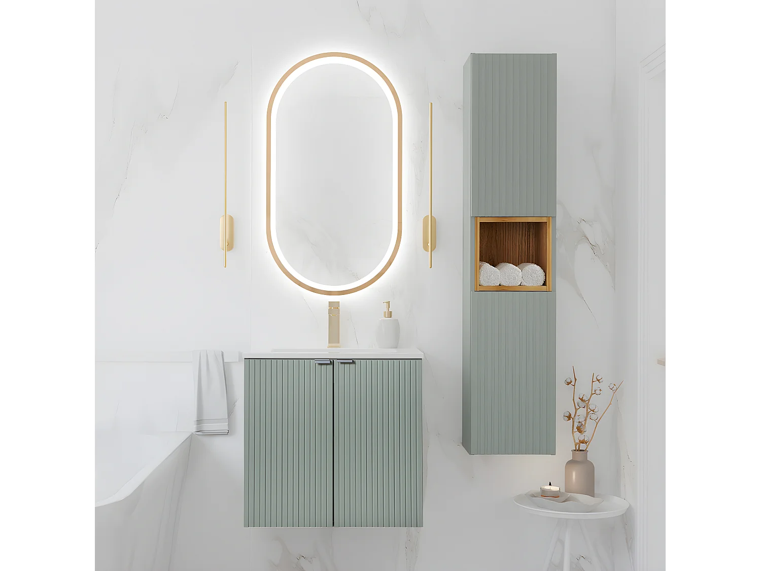 Groen en hout Jade enkel wastafelmeubel met 2-deurs 60cm inbouwwastafel en voetstuk