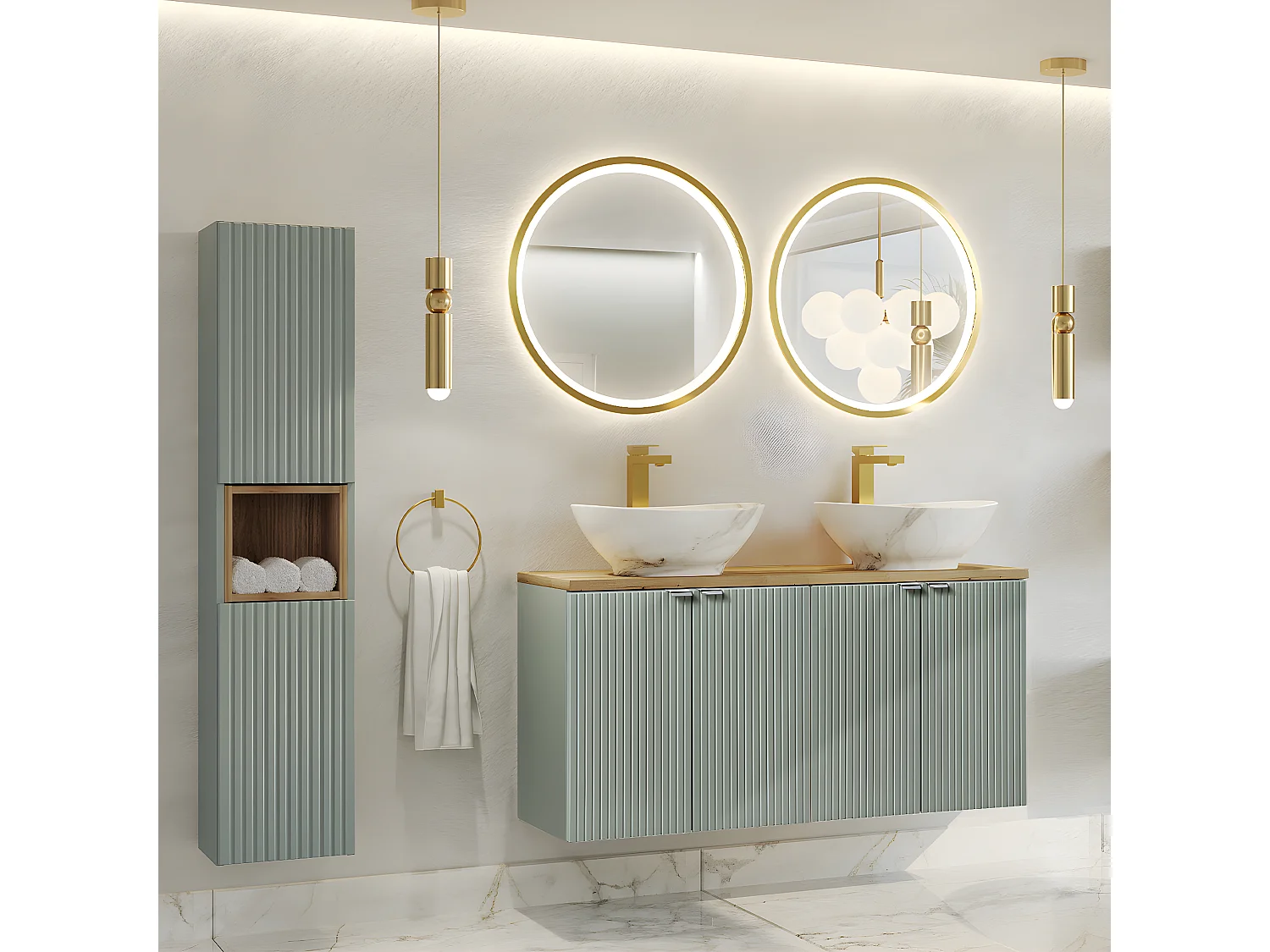 Set van 120cm dubbele wastafel met 4 deuren en groene en houten Jade sokkel