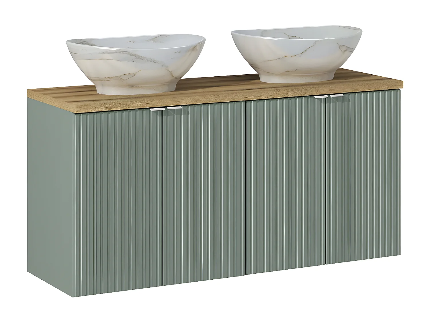 Set van 120cm dubbele wastafel met 4 deuren en groene en houten Jade sokkel