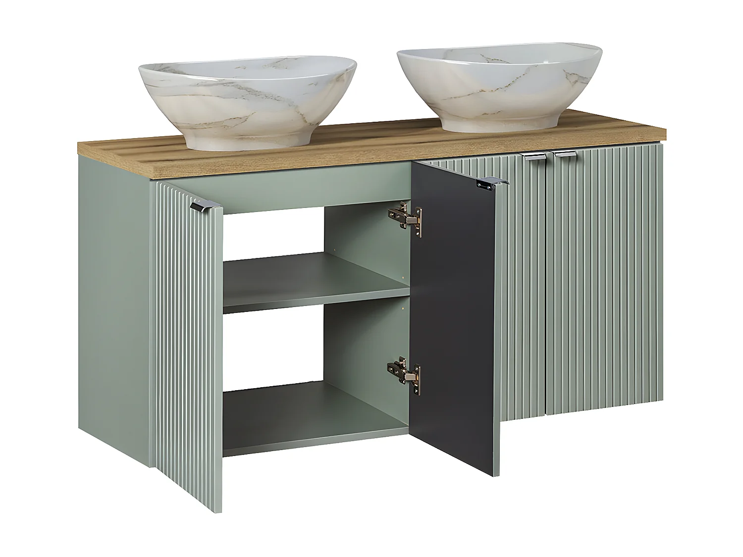 Set van 120cm dubbele wastafel met 4 deuren en groene en houten Jade sokkel