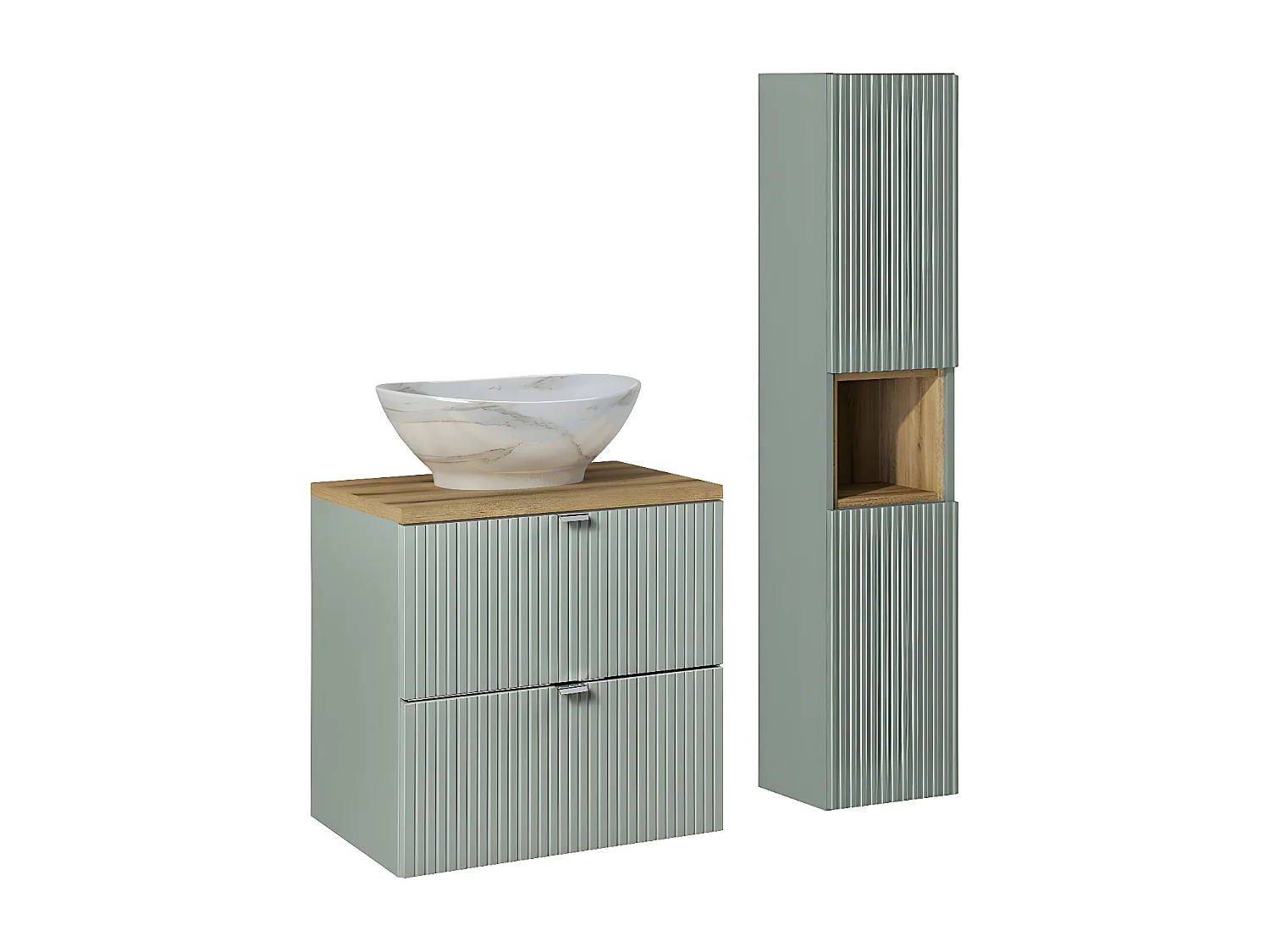 Ensemble meuble simple vasque 60cm 2 tiroirs et colonne Jade Vert et Bois