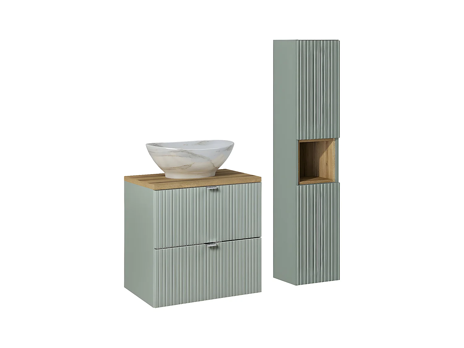 Ensemble meuble simple vasque 60cm 2 tiroirs et colonne Jade Vert et Bois